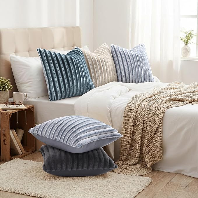 decorUhome Cozy Faux Fur Throw Pillow Covers 22x22 Set of 2 Decorative Soft Plush Striped Modern Farmhouse Boho Couch Euro Sham Pillow Cases with Velvet Back for Sofa Bed Living Roomr, Grey White