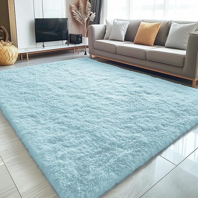 OLANLY 5x7 Machine Washable Large Area Rugs for Living Room, Bedroom, Soft Fluffy Shaggy Bedside Rug, Indoor Floor Carpet for Kids Girls and Boys, Dorms, Nursery, Home Decor Aesthetic, Light Bluey