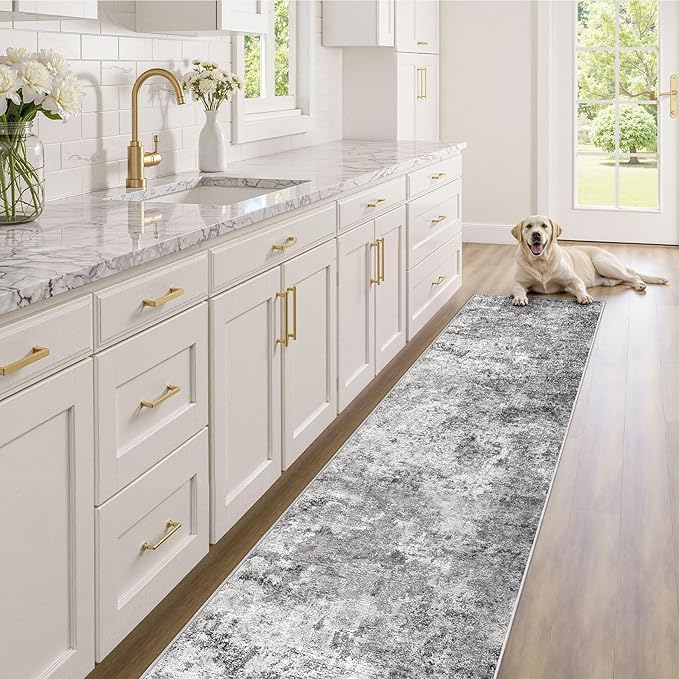 UERMEI 2X8 Washable Runner Rug for Hallway: Soft Neutral Modern Abstract Area Rug - Non-Slip Low Pile Long Throw Indoor Carpet for Kitchen Entryway Kitchen Bedroom Laundry - Grey