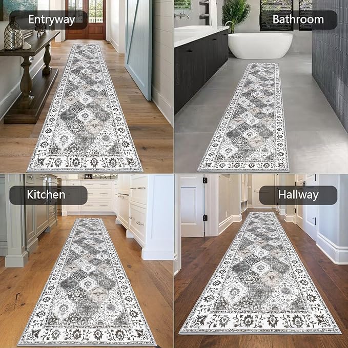 HEBE Hallway Runner Rug 2'8''x12' Washable Vintage Distressed Area Rugs Non Slip Laundry Rug Runner Boho Floor Carpet Runners for Hallways Entryway Laundry Room Kitchen Bathroom