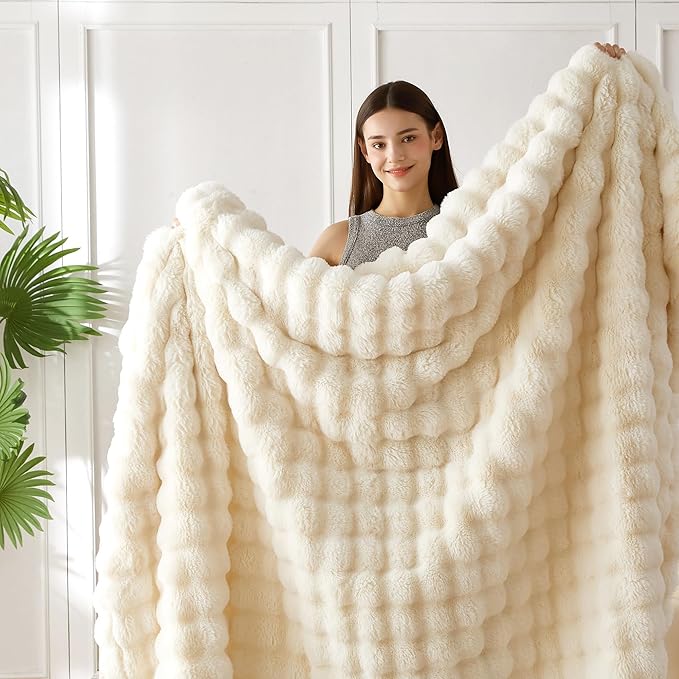 COOVA Faux Fur Throw Blanket for Couch, Cozy Soft and Fuzzy Plush Rabbit Fur Bubble Blanket for Sofa Bedroom Living Room, 50x60 Inches Ivory White