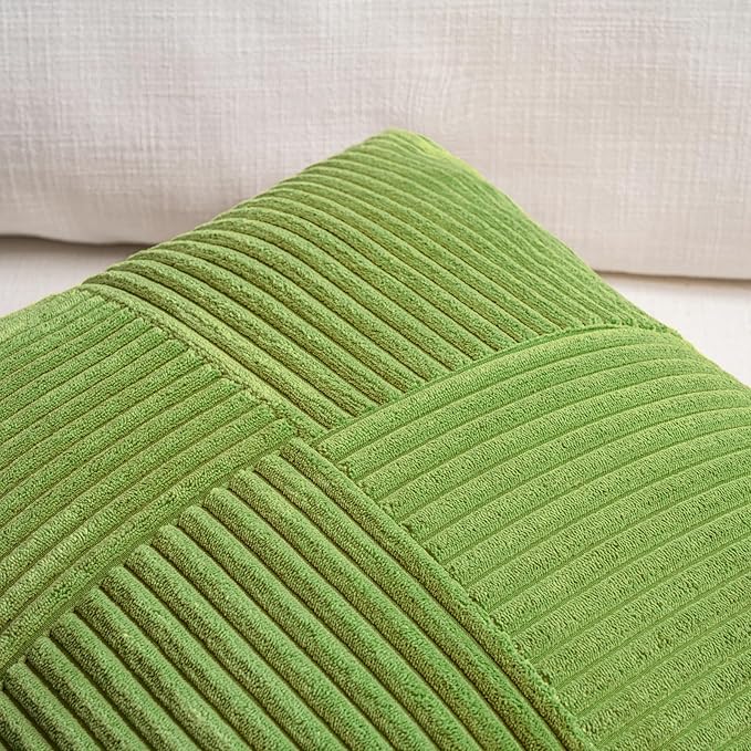 Fancy Homi Set of 2 Lime Green Decorative Throw Pillow Covers 22x22 Inch for Living Room Couch Bed Sofa, Farmhouse Boho Home Decor, Soft Cross Corduroy Patchwork Accent Square Cushion Case 55x55 cm