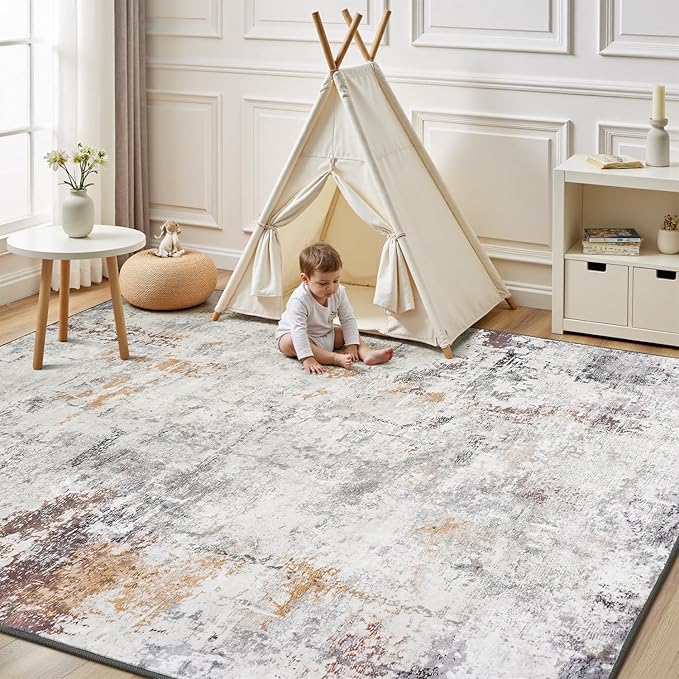 Rugflix 10x14 Area Rugs for Living Room, Washable Large Rug Stain-Resistant Low Pile, Modern Neutral Carpet for Dining Room Home Office Kid Room Nursery Bedroom, Grey Brown