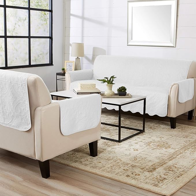 Great Bay Home Reversible Loveseat Cover - Washable Slipcover Furniture Protector with Elastic Straps - Perfect for Kids & Pets - Quilted & Stitched Detail (White/Sand)