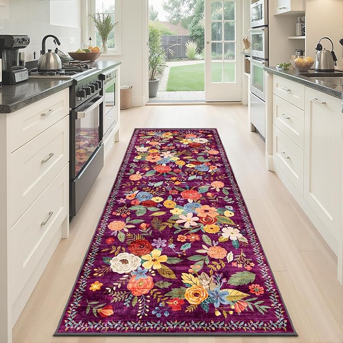 Rug for Hallways Kitchen Rug 2x6, Non Slip Washable Rugs with Rubber Backing Soft Floral Carpet Runner for Hallways, Kitchen, Laundry, Bedroom, Bathroom (2 x 6, Purple)