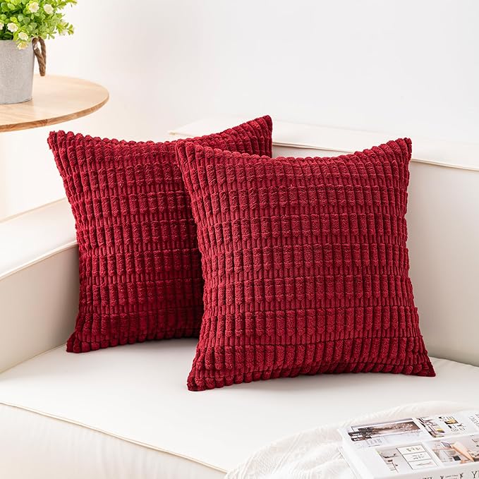 Pack of 2 Corduroy Decorative Throw Pillow Covers 18x18 InchSoft Striped Pillow Covers Modern Farmhouse Home Decor for Sofa Living Room Couch Bed（Wine Red）