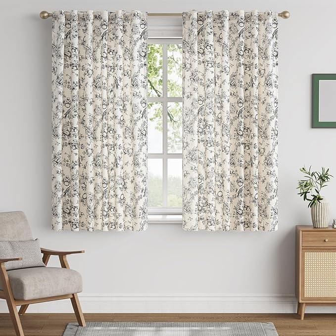 jinchan Linen Floral Curtains for Living Room 63 Inch Length Black Printed Flower Light Filtering French Country Curtain Farmhouse Cottage Core Toile Curtains Back Tab Window Drapes Set 2 Panels