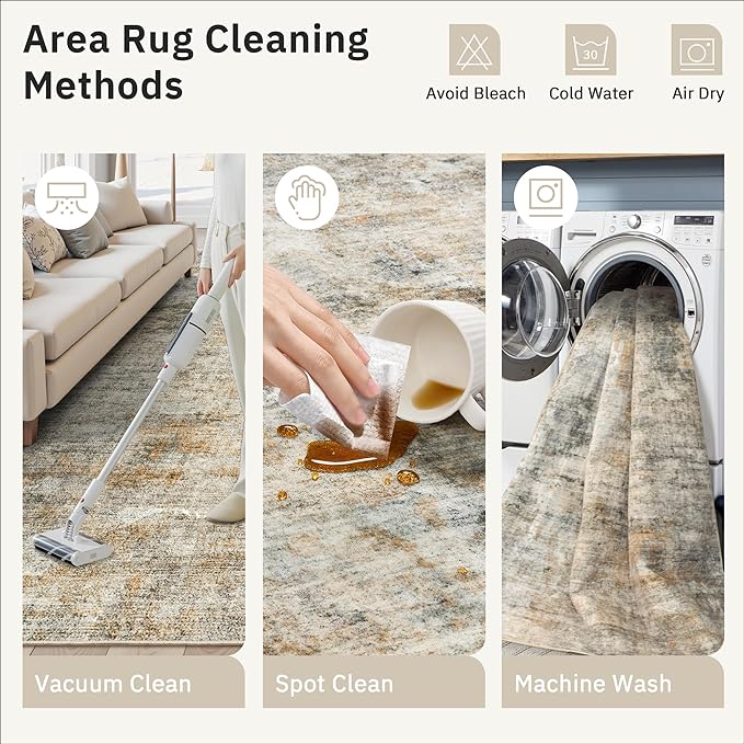 9x12 Area Rugs for Living Room, Non-Slip Machine Washable Vintage Rugs, Abstract Low Pile Lightweight Large Rug for Bedroom, Dining Room, Home Office Orange