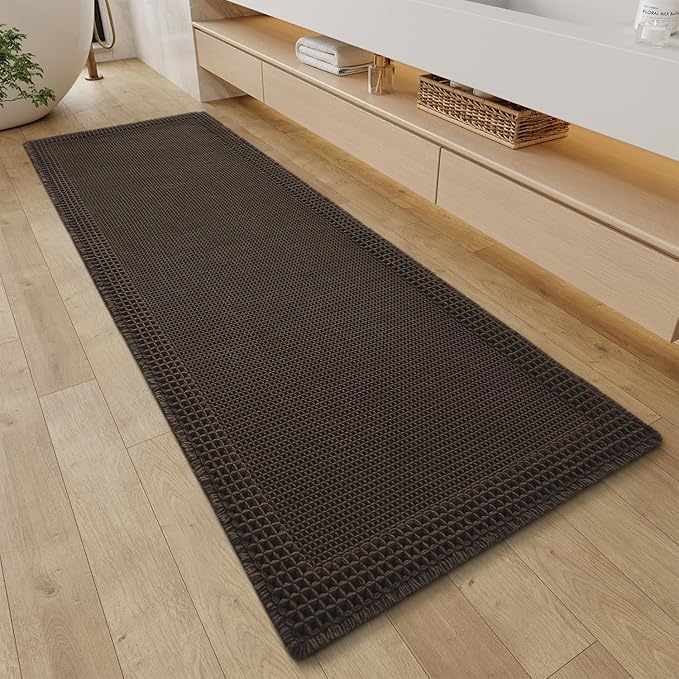 RESARE Waffle Bathroom Runner Rugs, Super Absorbent Bath Mat Non Slip Washable Quick Dry, Upgraded Ultra Soft Boho Bath Rugs with Tassels for Hallway Bedroom Laundry Room, 2'x5'(24"x60"), Chocolate