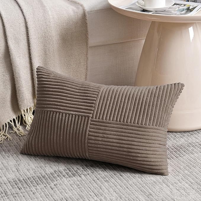 Fancy Homi Set of 2, Light Brown Patchwork Corduroy Decorative Soft Striped Modern Accent Cushion Case Farmhouse Boho Neutral Throw Pillow Covers for Chair Couch Bed Sofa Living Room 20x12 Inch