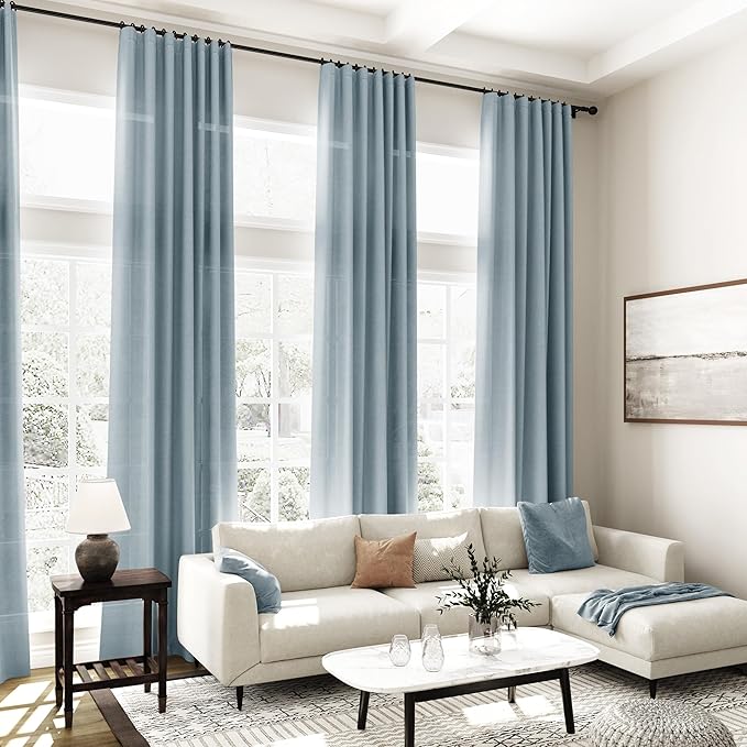 Light Blue Linen Curtains 90 Inch Long 2 Panels Set for Bedroom Living Room Soft Linen Textured Window Drapes Semi Sheer Light Filtering Rod Pocket Back Tab Cotton Textured Farmhouse Curtain 52x90