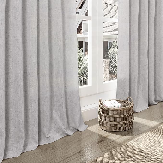 Nanspring Grey Linen Semi Sheer Curtains 108 Inches Long 2 Panels Back Tab Loop Pocket Boho Large Window Curtains Extra Long Light Filtering Drapes High Ceiling Curtains for Living Room 40x108