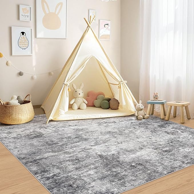 UERMEI Square Area Rugs : Washable 6x6 Neutral Modern Abstract Carpet for Living Room Bedroom - Soft Floor Mat with Non Slip Backing for Kitchen Nursery Dorms Farmhouse Home Decor - Grey
