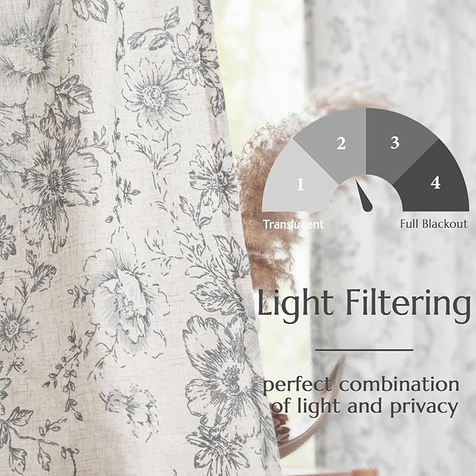jinchan Linen Blend Curtain Floral Curtains for Living Room 90 Inch Length Grey Printed Curtain Rod Pocket Back Tab Farmhouse Peony Flower Patterned Drapes Bedroom Window Curtains Set 2 Panels