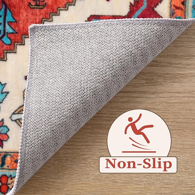 SERISSA Washable Rugs 6x9 Boho Area Rugs, Large Non-Slip Living Room Rug, Ultra Soft Vintage Oriental Tribal Farmhouse Orange Carpet for Dining Room Bedroom Dorm Office Home Decor