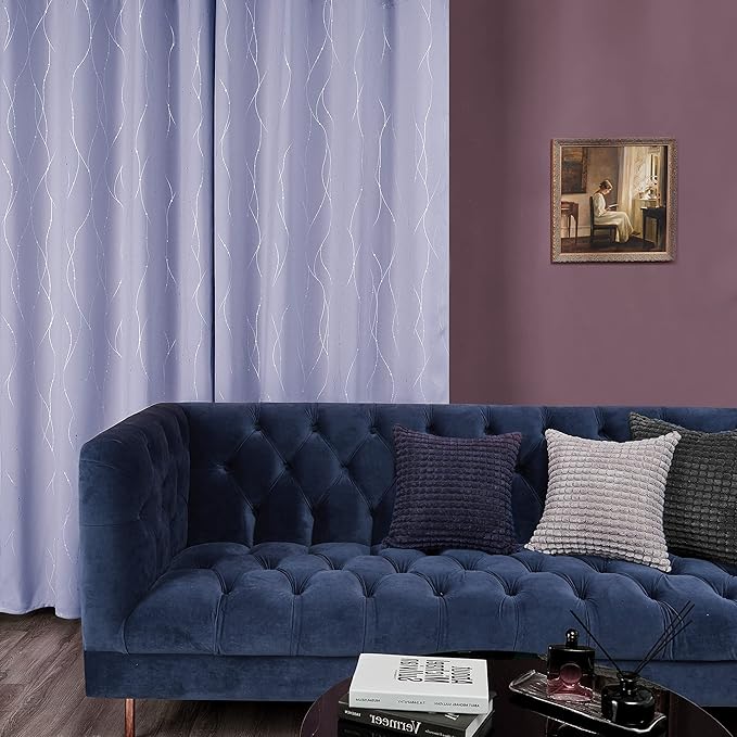 Deconovo Blackout Curtains, Thermal Insulated Soundproof Drapes with Wave Dots Foil Print, 42 x 72 Inch, Set of 2, Machine Washable Window Curtain for Bedroom Living Room Nursery Kitchen, Light Purple