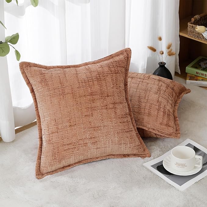 HPUK Fall Chenille Soft Throw Pillow Covers 18x18 Set of 2, Accent Cushion Covers for Living Room, Bedroom, Decorative Solid Color Pillow Covers for Couch, Sofa, Chair, Coral