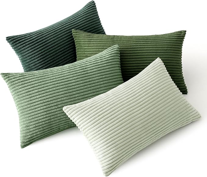 MIULEE Boho Farmhouse Sage Green Throw Pillow Covers 12x20 Inch Set of 4 Mordern Nordic Cushion Covers Soft Corduroy Spring Home Decor for Couch Bed Sofa Living Room Forest Green