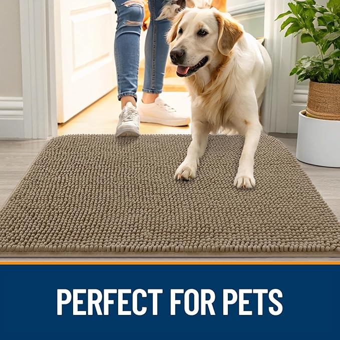OLANLY Dog Door Mat for Muddy Paws 70x46, Absorbs Moisture and Dirt, Absorbent Non-Slip Washable Doormat, Quick Dry Chenille Mud Mat for Dogs, Entry Indoor Entryway Carpet for Inside Floor, Tan