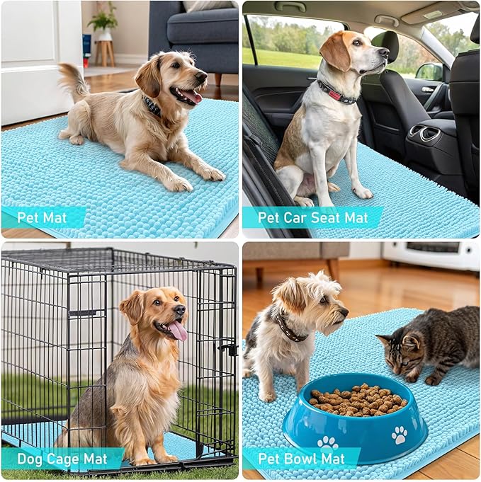 OLANLY Dog Door Mat for Muddy Paws 50x30, Absorbs Moisture and Dirt, Absorbent Non-Slip Washable Doormat, Quick Dry Chenille Mud Mat for Dogs, Entry Indoor Entryway Carpet for Inside Floor, Blue