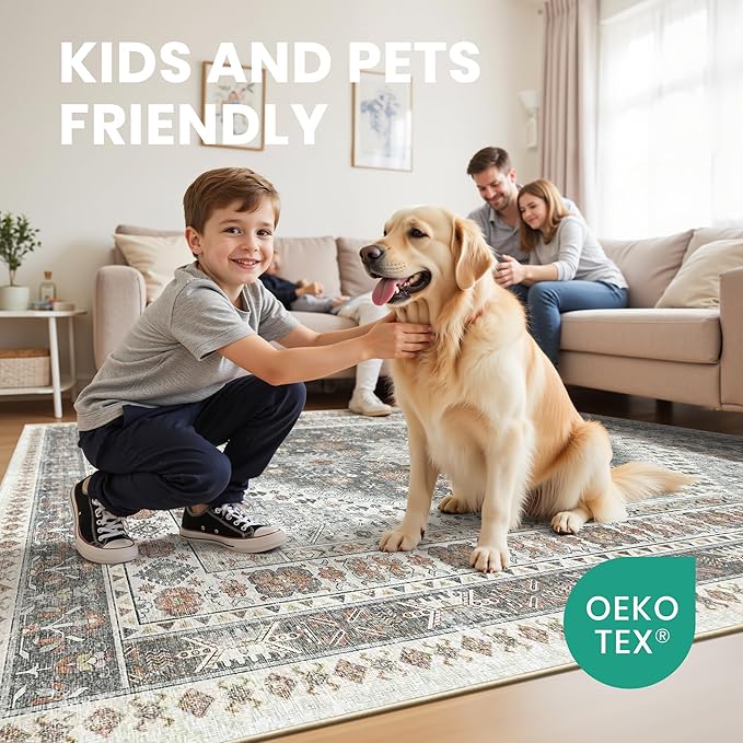 zesthome 6x9 Area Rug, Super Soft Washable Rugs for Living Room, Non-Slip Stain Resistant Vintage Rugs, Ultra-Thin Large Area Rugs (Grey/Orange,6'x9')