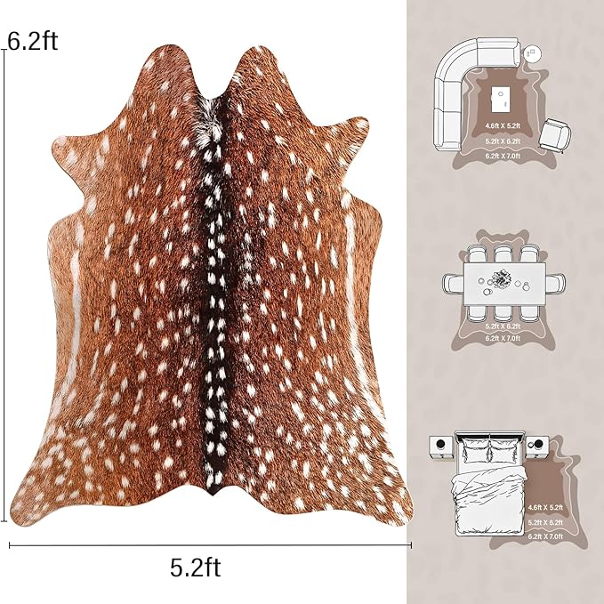 AROGAN Premium Deer Print Rug 5.2x6.2 Feet, Machine Washable Faux Fur Rug, Non-Slip Animal Print Hide Deer Skin Area Rug for Bedroom Living Room Home Decor
