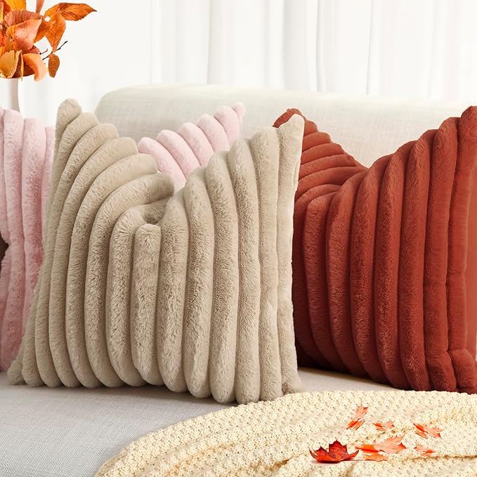 decorUhome Cozy Faux Fur Throw Pillow Covers 16x16 Set of 2 Decorative Soft Plush Striped Modern Farmhouse Boho Couch Pillow Cases with Velvet Back for Sofa Bed Living Room, Rust