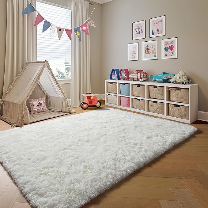 ONASAR Cream White Rugs for Living Room Bedroom, 5x8 Fluffy Bedside Area Rug, Soft Plush Shaggy Indoor Floor Carpet for Nursery Kids Girls Boys Teen Dorm Home Office Decor Aesthetic