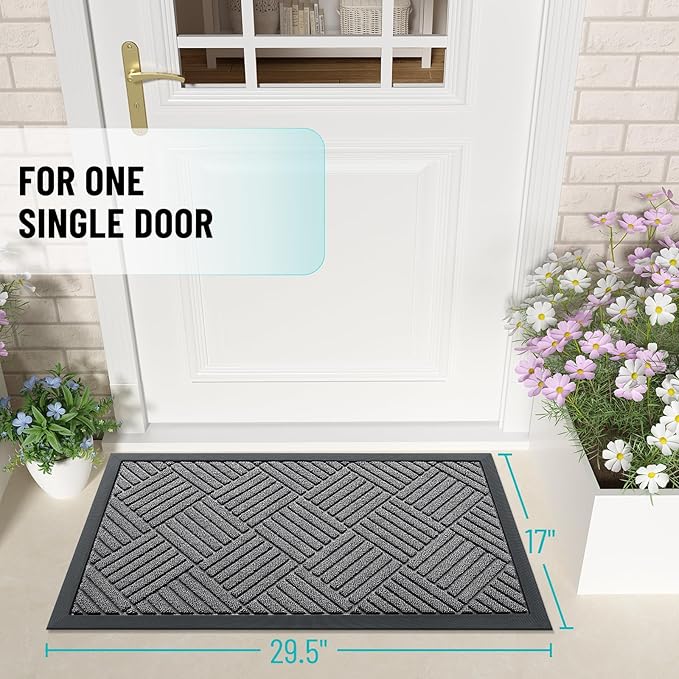OLANLY Front Door Mat Outside Entrance 29.5x17, Absorbent, Heavy Duty Sturdy Natural Rubber Doormat Indoor Outdoor, Stain and Fade Resistant, Non-Slip Low Profile Floor Mat for Entryway, Grey Diamond