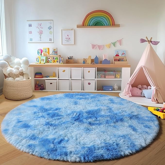 ONASAR Tie-Dye Blue Round Area Rug 4ft, Soft Bedroom Circle Rugs Floor Mats for Kids Girls Teen Room, Kawaii Fluffy Plush Shaggy Carpet for Baby Nursery Living Room Playroom Home Decor