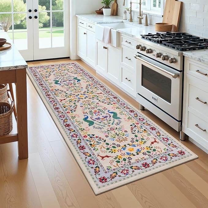 HEBE Washable Hallway Runner Rug 2'x 6' Non Slip Kitchen Rugs Runner,Low Pile Entryway Rug Laundry Room Mat Floral Carpet Runners for Hallways, Kitchen,Bathroom,Laundry,Bedside Rug