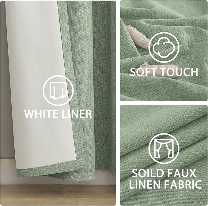 Yakamok Light Sage Green Linen Curtains 100% Blackout 90 Inches Long,Room Darkening Textured Curtains for Living Room Thermal Grommet Bedroom Curtains 2 Panels with White Liner