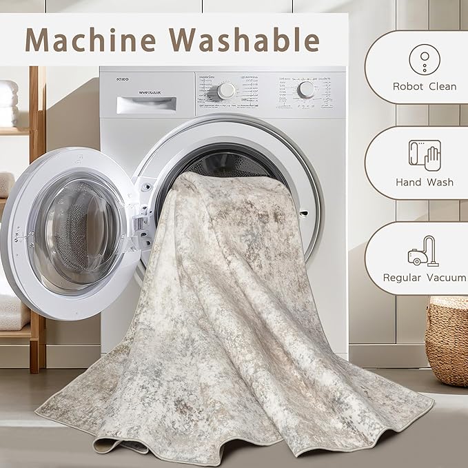 Washable Rugs 5x7 Area Rugs for Living Room,Modern Abstract Rugs for Bedroom,Large Carpets,Ultra Soft Faux Wool Retro Dining Room Rug,Non Slip&Non-Shedding Low Pile Print Rug- Beige Grey
