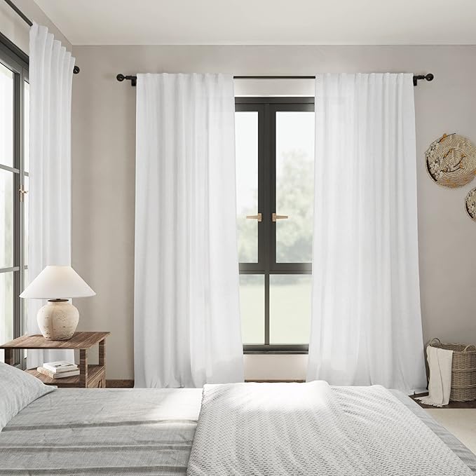 Linen White Curtains 120 inch Extra Long for Living Room Back Tab Light Filtering Semi Sheer Drapes Modern Farmhouse Coastal Decor Off White Cotton Curtain for Floor to Ceiling Window 10 FT