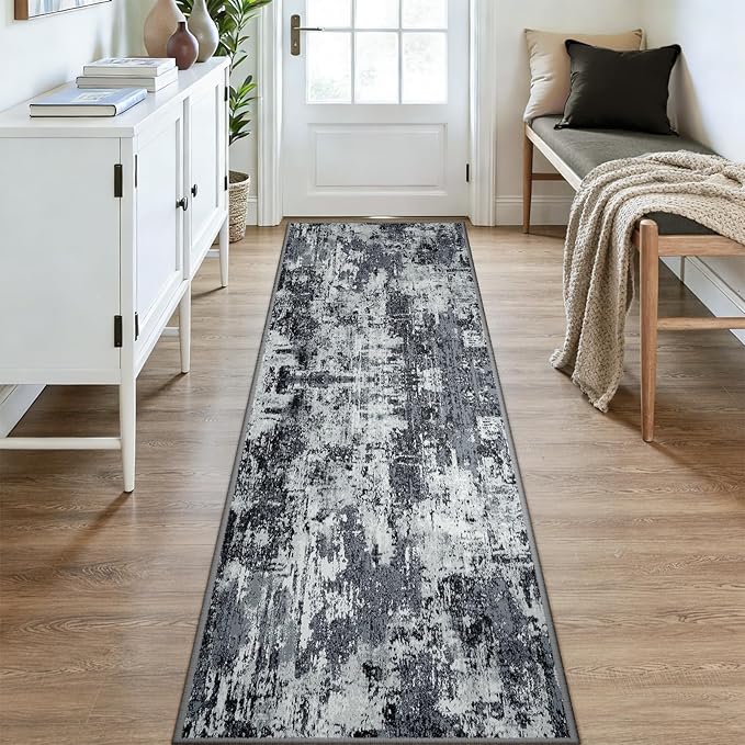 Washable Area Rugs 3x9 Non-Slip Modern Abstract Soft for Living Room Entryway Bedroom Nursery, Print Pattern, Black Navy Blue Gray