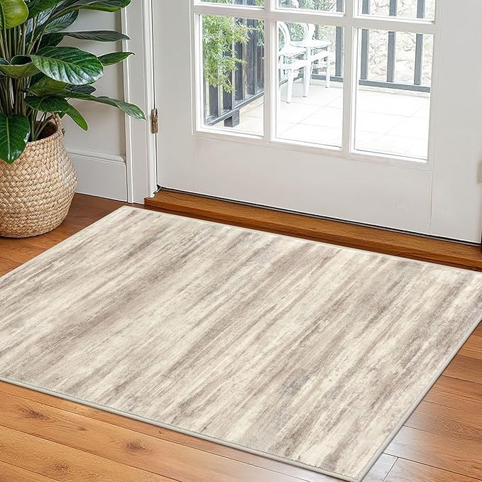 KOZYFLY Modern Abstract Rugs for Entryway 2x3, Washable Kitchen Rug Non-Slip Soft Small Bathroom Rug, Beige Brown Striped Small Area Rugs Print Faux Wool Doormat for Bedside Entrance Bedroom Sink
