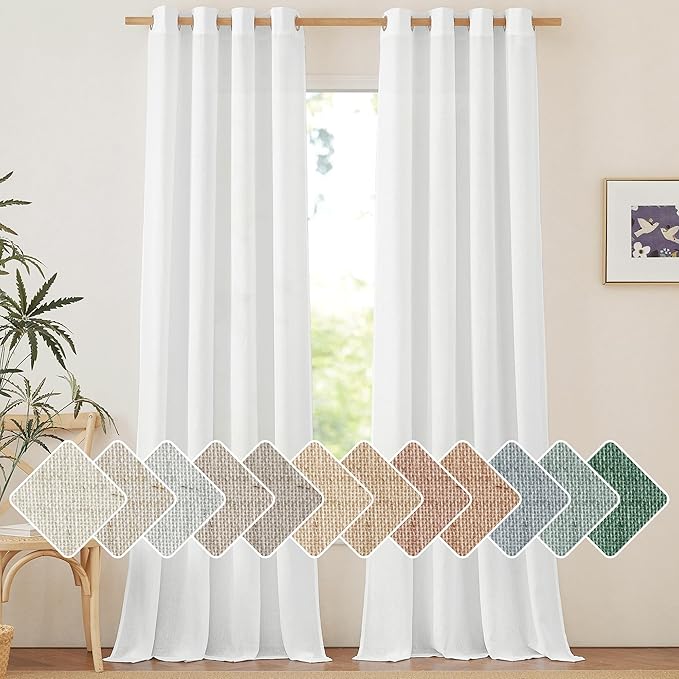 NICETOWN Thick Linen 120 inch Curtains for Living Room, Grommet Privacy Added Linen Burlap with Light Filtering Window Treatments for Bedroom/Living Room, White, W55 x L120, 2 Panels