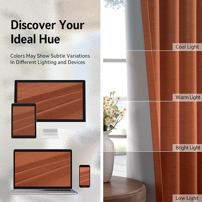 100% Blackout Shield Linen Blackout Curtains for Bedroom, Orange Grommet Curtains for Living Room, Thermal Insulated Room Darkening Drapes for Nursery, Boho Home Decor, 50" W x 102" L, 2 Panels