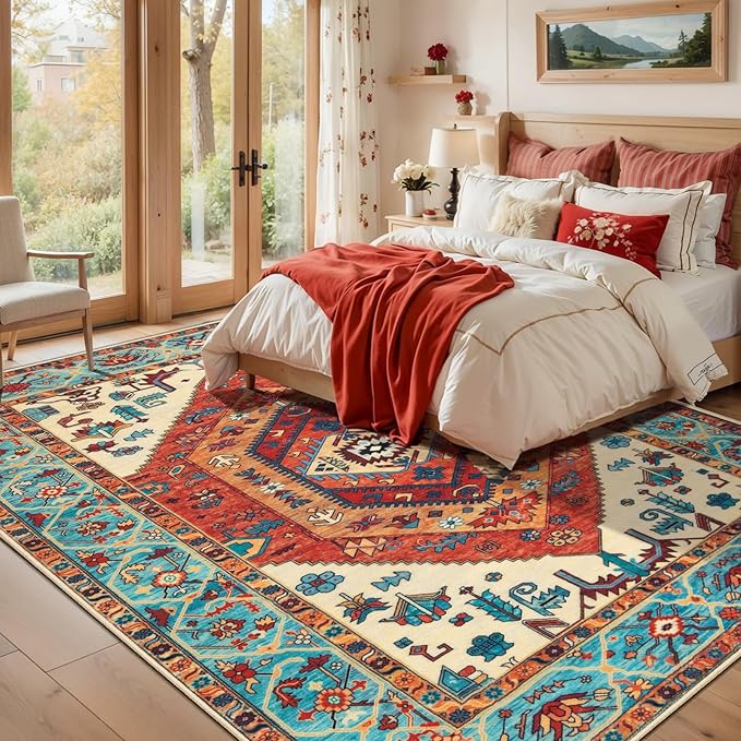 SERISSA 5x8 Area Rugs for Living Room, Large Washable Non-Slip Boho Rug, Ultra Soft Vintage Orange Oriental Tribal Print Distressed Carpet for Bedroom Dining Room Dorm Office Home Decor
