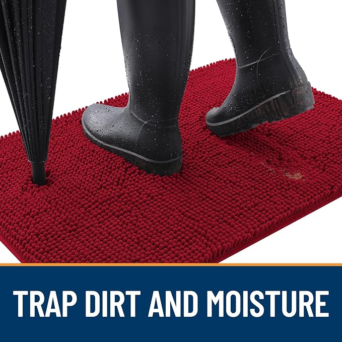 OLANLY Dog Door Mat for Muddy Paws 70x35, Absorbs Moisture and Dirt, Absorbent Non-Slip Washable Doormat, Quick Dry Chenille Mud Mat for Dogs, Entry Indoor Entryway Carpet for Inside Floor, Red