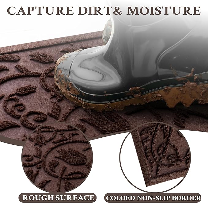 ViveNest Boho Coffee Brown Floral Leaves Outdoor Indoor Entrance Doormats, Absorbent Durable Heavy Duty Welcome Front Door Mat,Thick Natural Rubber Back,Easy Clean Entryway Mat 17x30 Inch, Low Profile