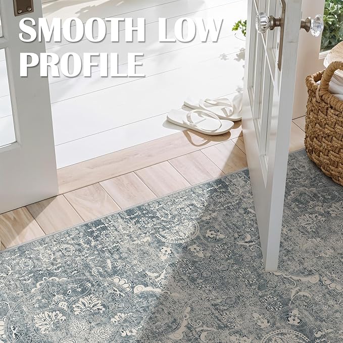 Hallway 2x6 Runner Rug - Vintage Non-Slip Long Rug for Entryway Low-Pile Washable Medallion Runner for Hallway Waterproof Traditional Indoor Thin Rugs for Kitchen (Blue)