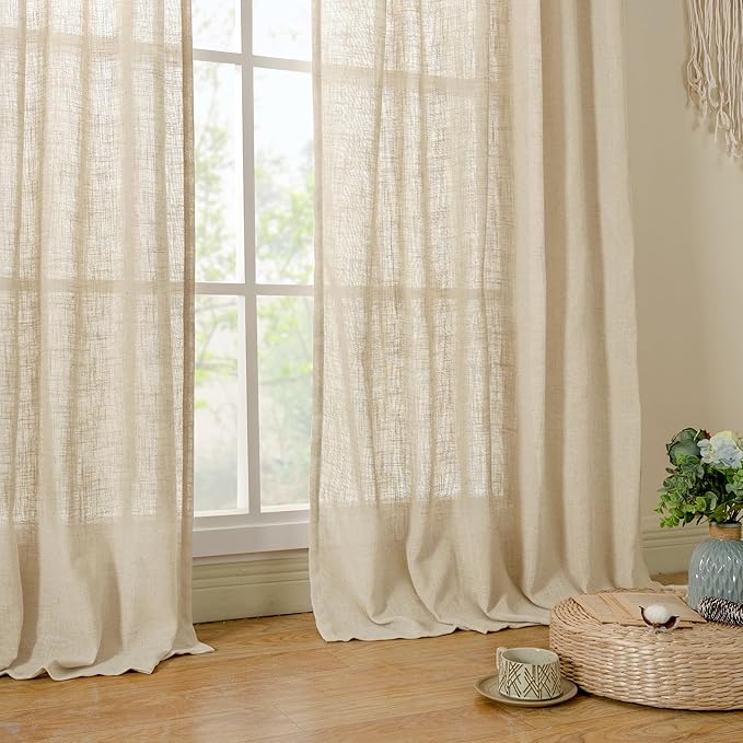 LAMIT Sheer Linen Curtains 63 Inches Long, Semi Sheer Light Filtering Panels Back Tab and Rod Pocket Small Cafe Drapes for Basement/Window/Loft Room, Linen, 2 Panels, 34 x 63 Inch