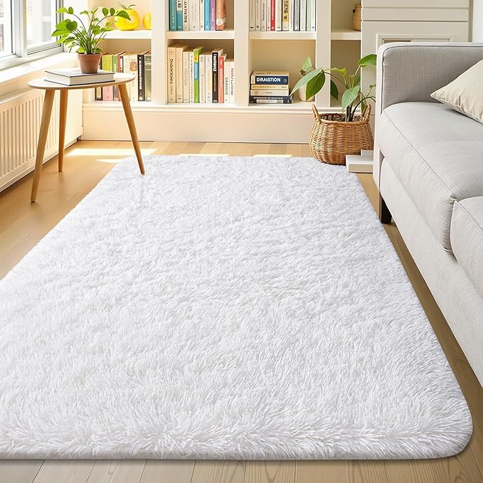 OLANLY Area Rugs for Living Room Bedroom, Machine Washable 4x5.9 ft Soft Fluffy Shaggy Bedside Rug, Indoor Floor Carpet for Kids Girls and Boys, Dorms, Nursery Rooms, Home Decor Aesthetic, White
