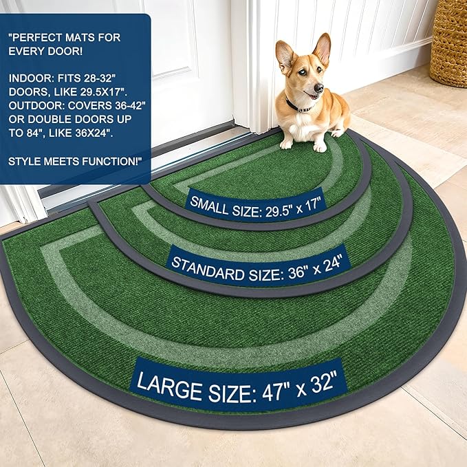 OLANLY Half Circle Door Mat Indoor Outdoor Entrance Welcome, Waterproof All-Season, All-Weather Doormat, Sturdy Natural Rubber, Low Profile, Easy Clean Patio Porch Entryway Mat, 33x21, Green