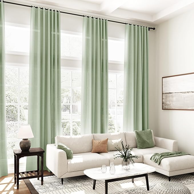 Extra Long Mist Sage Linen Curtains 120 Inch for Living Room 2 Panels Set Rod Pocket Back Tab Light Filtering Semi Sheer Linen Window Drapes Privacy High Ceiling Drapes for Farmhouse 52x120
