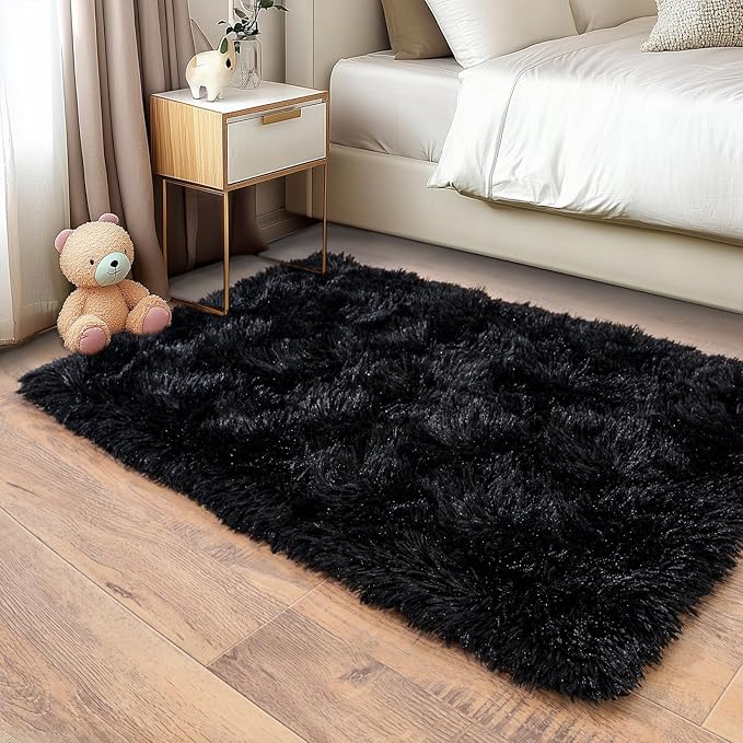 Pionblank Fluffy Small Rug for Bedroom 2x3 Feet, Shag Soft Area Rug, Modern Plush Carpet, Furry Cute Bedside Rug for Kids Girls Boys Room Nursery Decor, Black