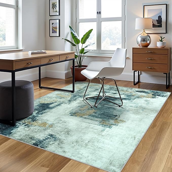 5x8 Area Rugs for Living Room Rug Washable: Abstract Rug for Dining Room Bedroom Carpet Non Slip 5 by 8 Indoor Modern Nursery Home Office Teal Grey Gold