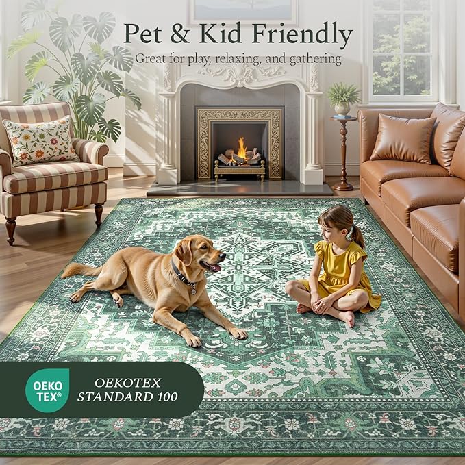 Rugflix 9x12 Area Rugs for Living Room, Machine Washable Rug Non Slip Stain Resistance, Large Rug Vintage Distressed Soft Carpet for Bedroom, Dining Room, Home Office, Green