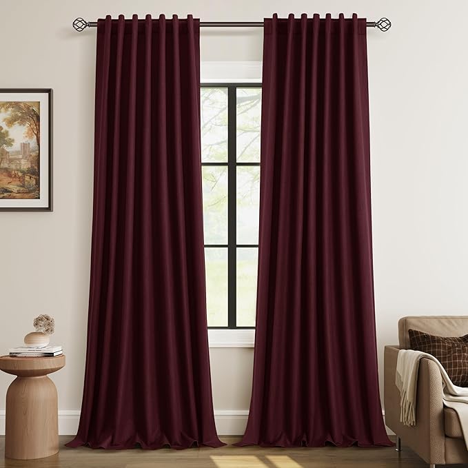 Guken 100% Blackout Curtains 120 Inch Length 2 Panels Set for Living Room Bedroom Back Tab Thermal Insulated Black Out Linen Drapes Room Darkening Window Curtains Burgundy 52x120